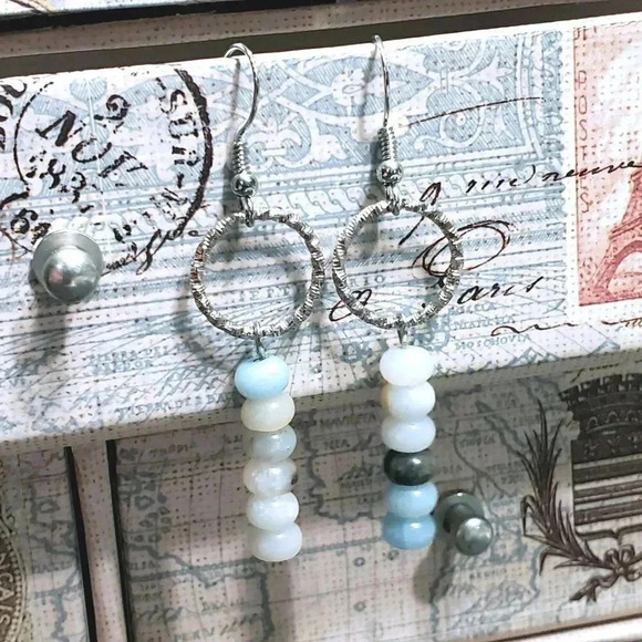 Amazonite Gemstone Rondelle Beads Textured Silver Ring Handcrafted Earrings - Picture 1 of 11